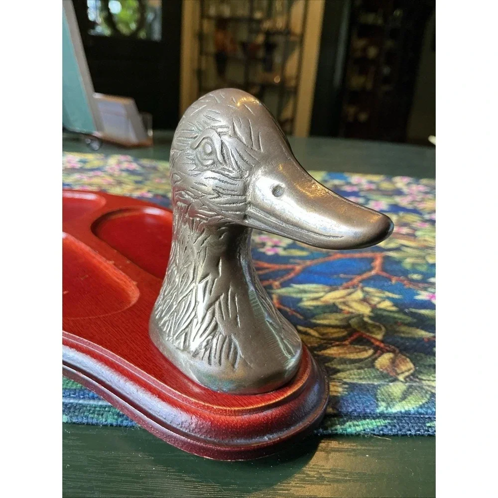 Vintage Brass Duck Head Wooden Dresser Valet Tray Desk Organizer